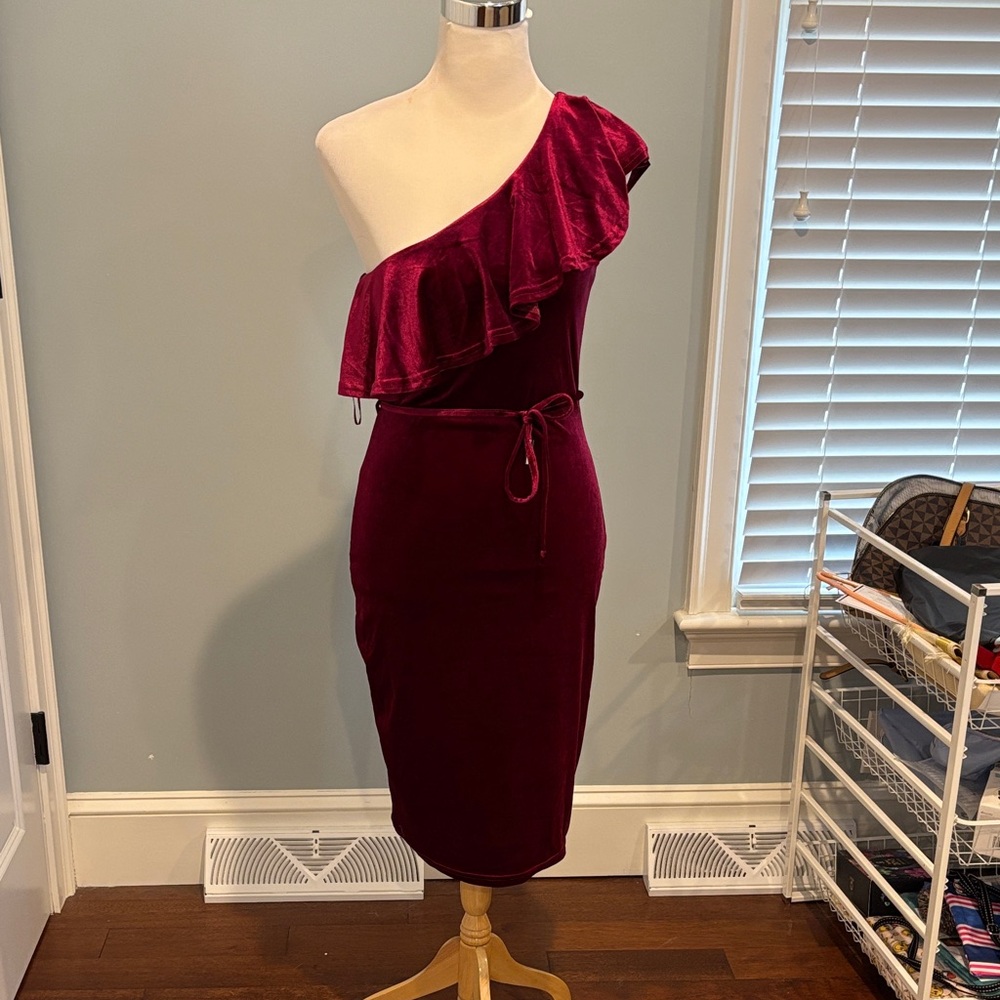Chic One-Shoulder Velvet Dress in Deep Red